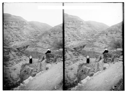 Arab men looking over a deep wadi, possibly Wadi Kelt (Qilt) LOC matpc.06438