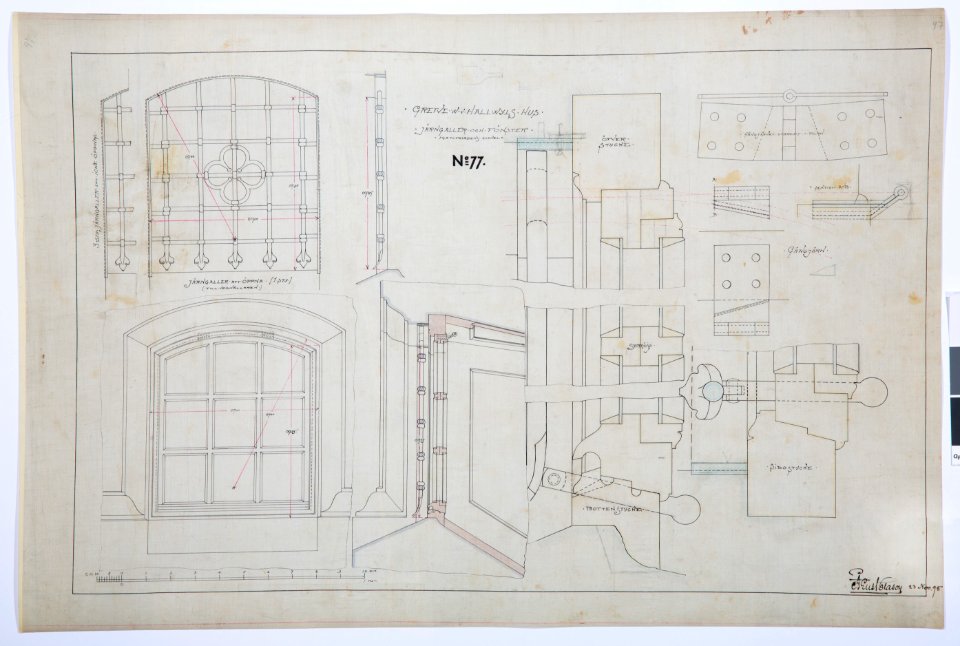 Arbetsritning för fastigheten nr 4 Hamngatan. Järngaller och fönster - Hallwylska museet - 105261