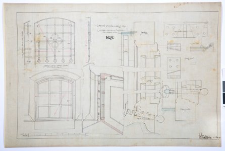 Arbetsritning för fastigheten nr 4 Hamngatan. Järngaller och fönster - Hallwylska museet - 105261