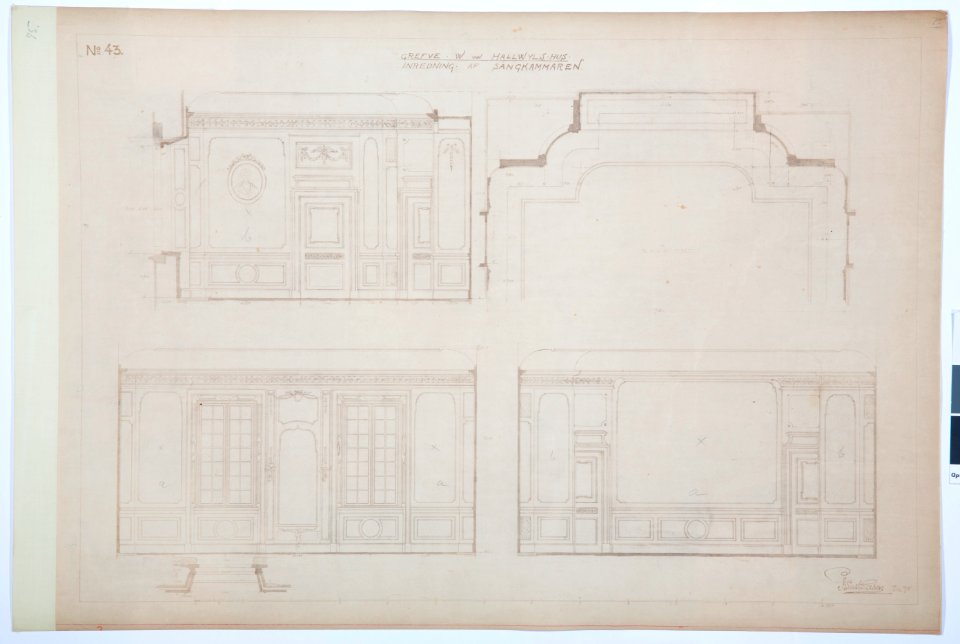 Arbetsritning för fastigheten nr 4 Hamngatan. Inredning av sängkammaren - Hallwylska museet - 105256