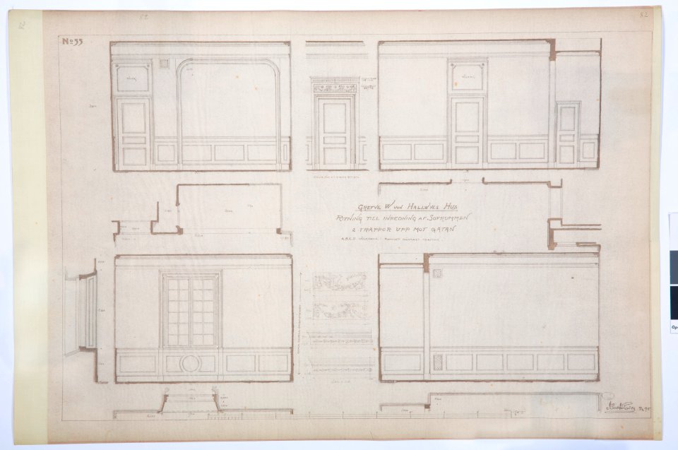 Arbetsritning för fastigheten nr 4 Hamngatan. Inredning av sovrummen - Hallwylska museet - 105255
