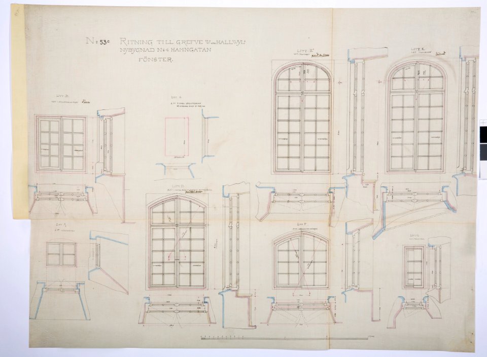 Arbetsritning, fastigheten nr 4 Hamngatan. Fönster - Hallwylska museet - 105275