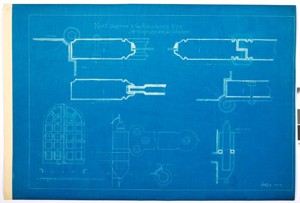 Arbetsritning för fastigheten nr 4 Hamngatan. Ytterportar, blueprint - Hallwylska museet - 105260