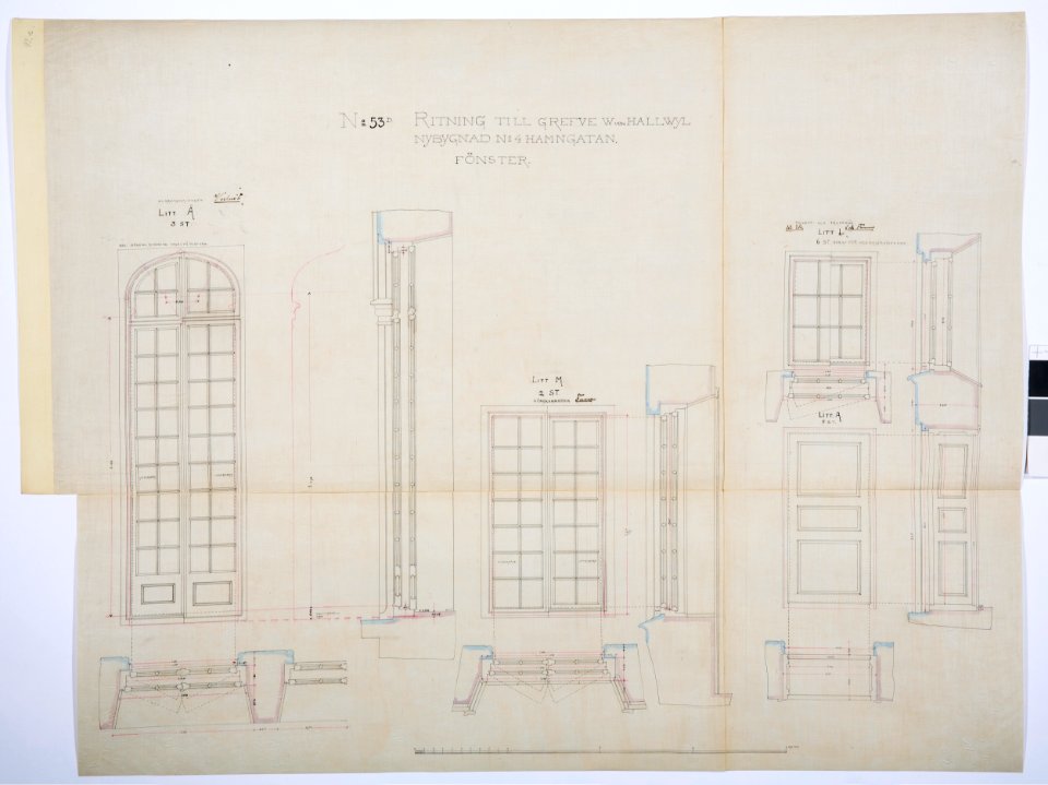 Arbetsritning, fastigheten nr 4 Hamngatan. Fönster - Hallwylska museet - 105274