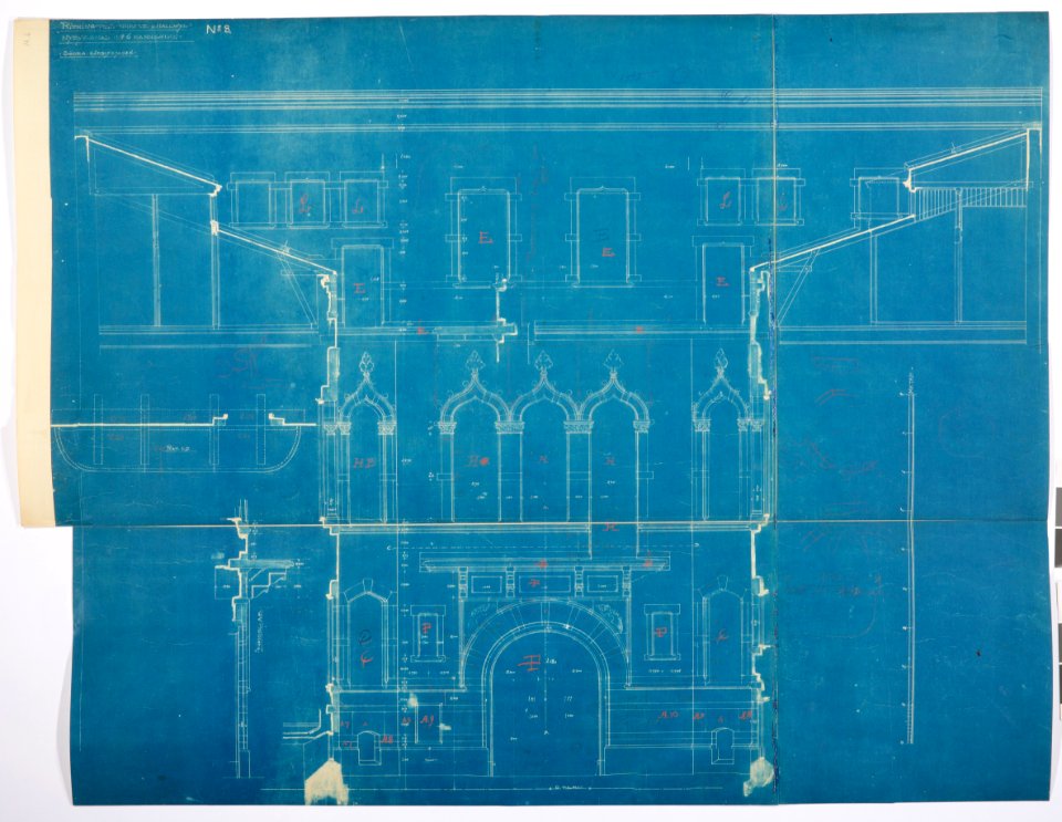 Arbetsritning, fastigheten nr 4 Hamngatan. Södra gårdsfasaden, blueprint - Hallwylska museet - 105268