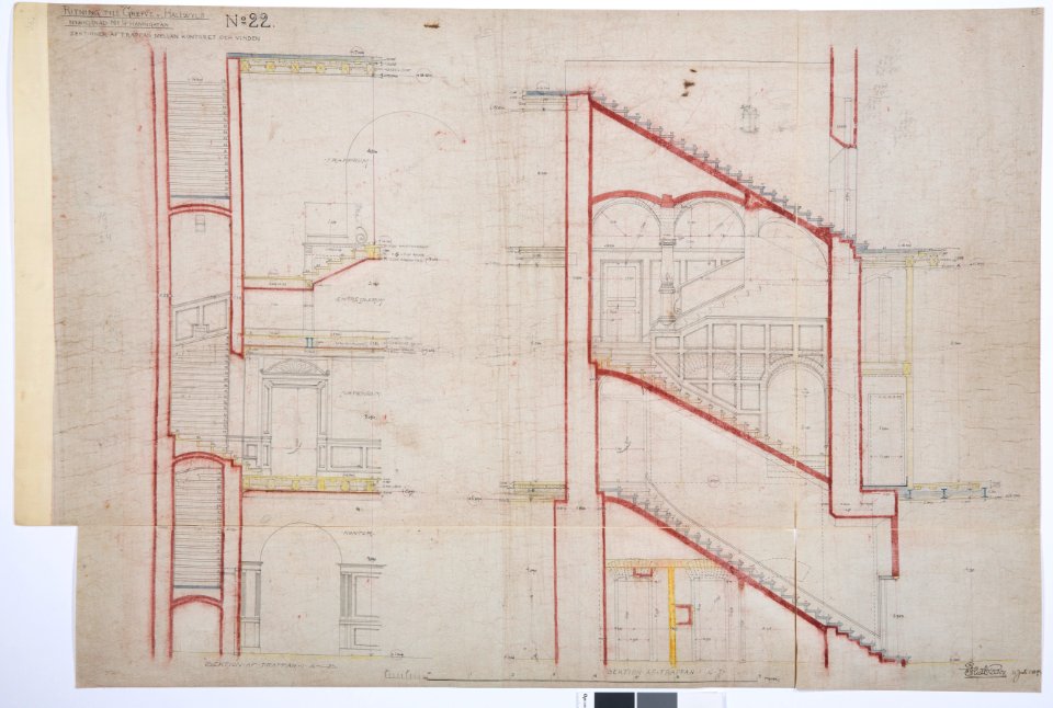 Arbetsritning, fastigheten nr 4 Hamngatan.Trappan mellan kontoret och vinden - Hallwylska museet - 105285