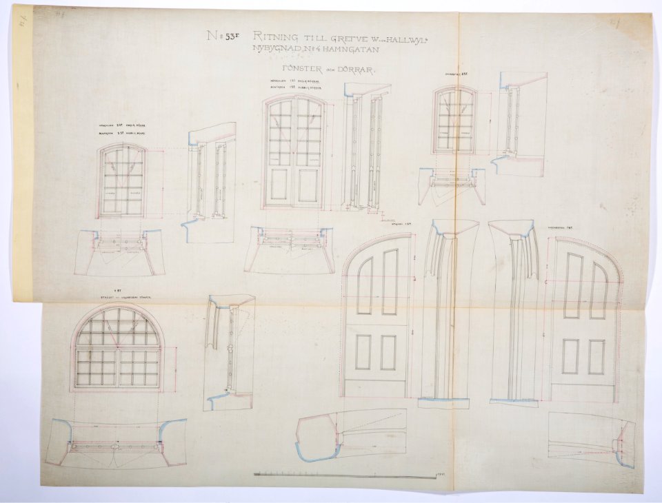 Arbetsritning, fastigheten nr 4 Hamngatan. Fönster och dörrar - Hallwylska museet - 105273