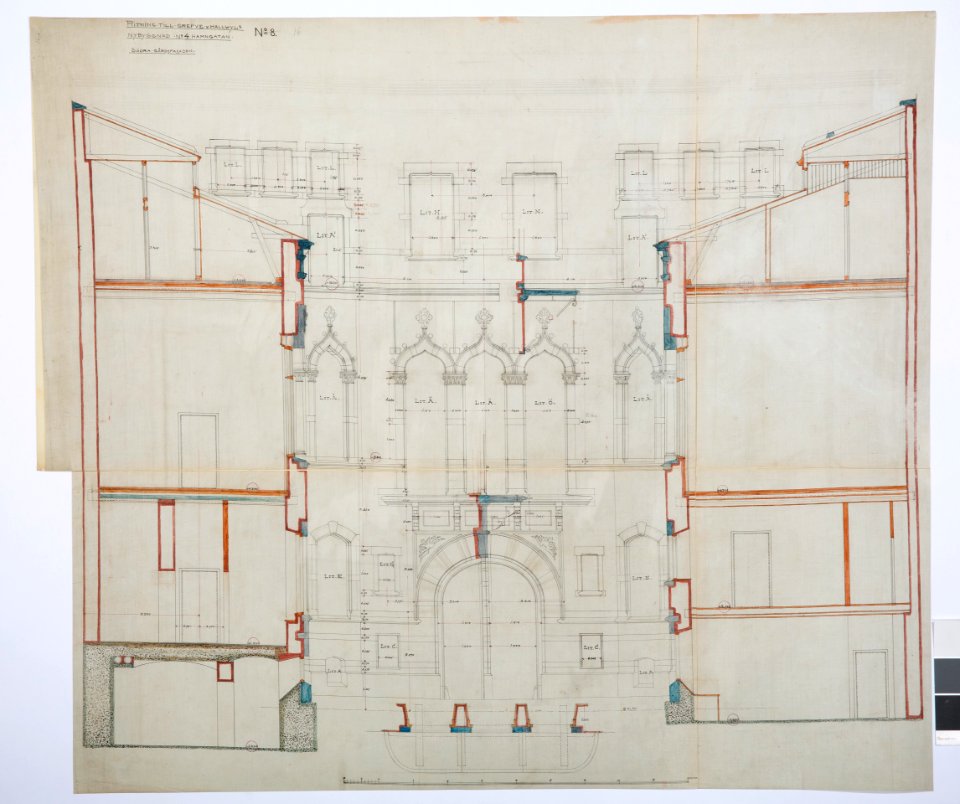 Arbetsritning, fastigheten nr 4 Hamngatan. Södra gårdsfasaden - Hallwylska museet - 105267