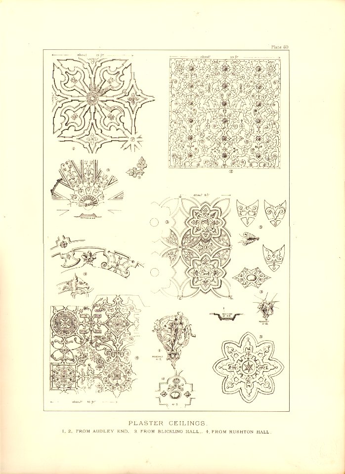 Architecture of the renaissance in England Plate 60 Plaster ceilings from Audley End Blickling Hall and Rushton Place