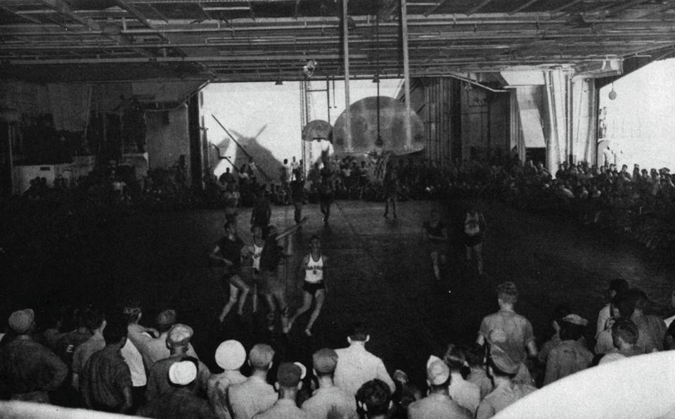 Basketball game in the hangar of USS Randolph (CV-15), in 1945
