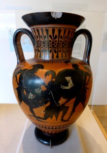 Battle scene with three hoplites, neck amphora, attributed to the Leagros Group, c. 510-500 BC, black-figure terracotta - Blanton Museum of Art - Austin, Texas - DSC07642 photo