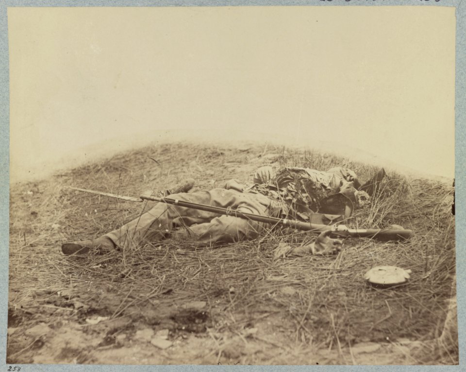 Battlefield of Gettysburg. Body of a soldier in the wheat field, evidently killed by the explosion of a shell LCCN2012647834