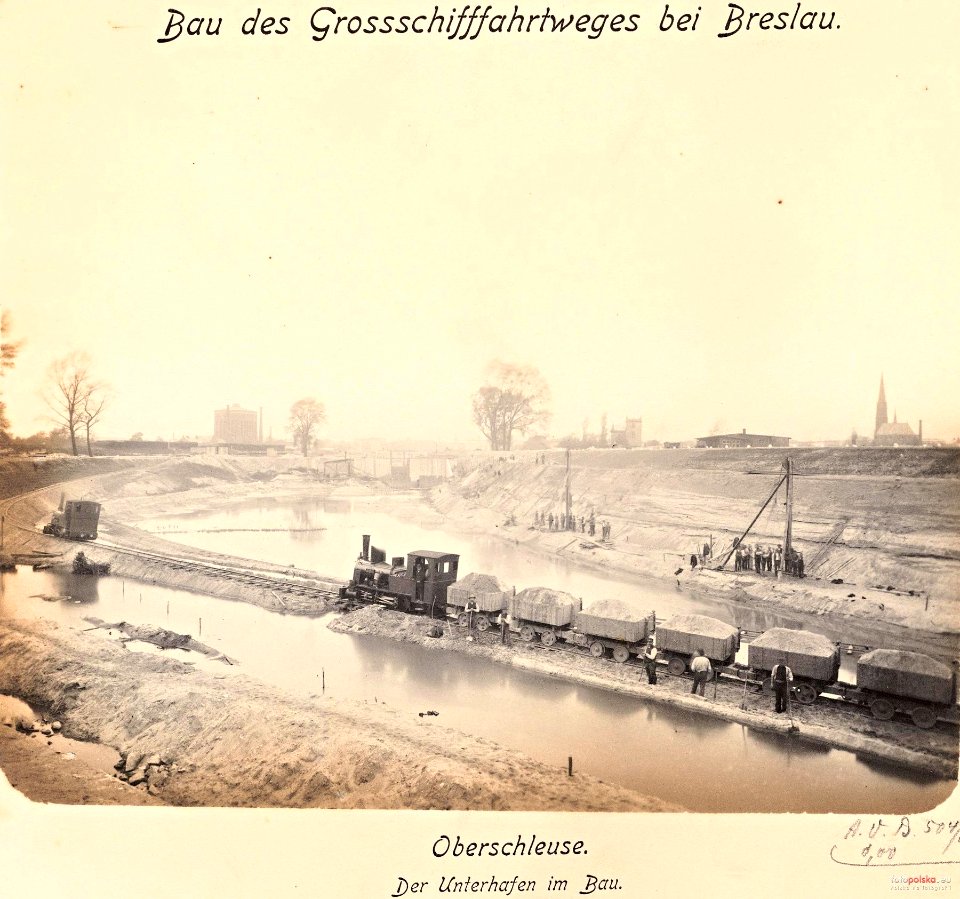 Bau des Grossschifffahrtsweges bei Breslau - Oberschleuse - Der Unterhafen im Bau
