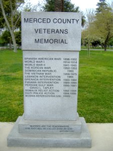 Pillar with list of battles, Merced County Veterans Memorial, California - 20060409