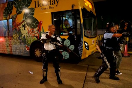Police force prepare gun in Kwai Fong Station Bus Terminal 2