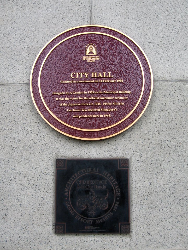 Preservation of Monuments Board and Urban Redevelopment Authority plaques, City Hall, Singapore - 20061007.