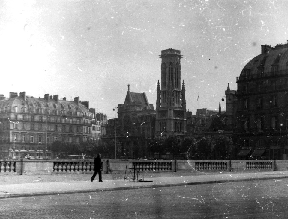 Town hall of Paris Ier arrondissement and church tower of Église Saint-Germain-l'Auxerrois, 1981
