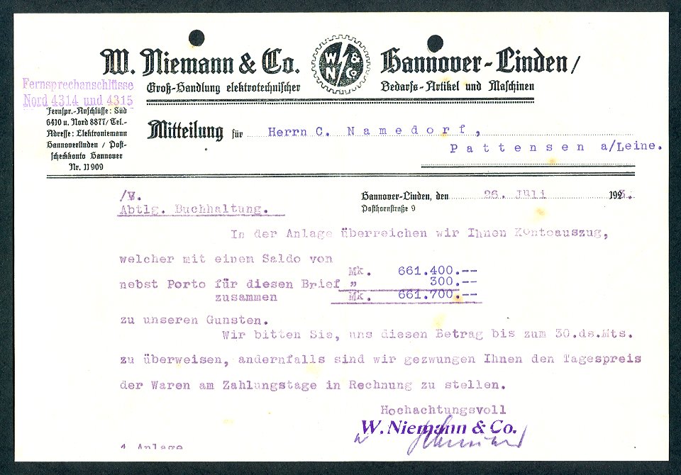 W. Niemann & Co. Hannover-Linden, Posthornstraße 9 1923