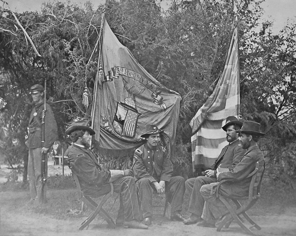 15th Regt N. Y. S. V. (15th Regiment New York State Volunteers) flag and the American Flag in the Civil War, from- Officers of the 15th N.Y. Engineers - NARA - 524743 (cropped)