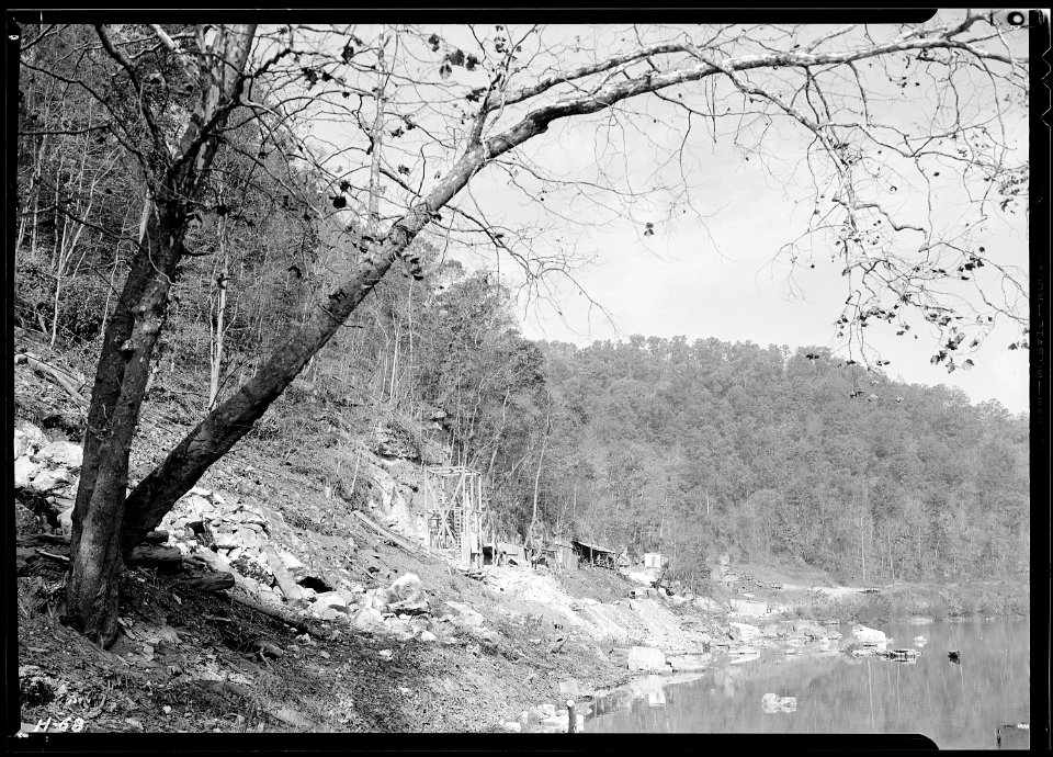 A view of the test drilling shaft and the shop at the Norris Dam site on Clinch River. - NARA - 532692