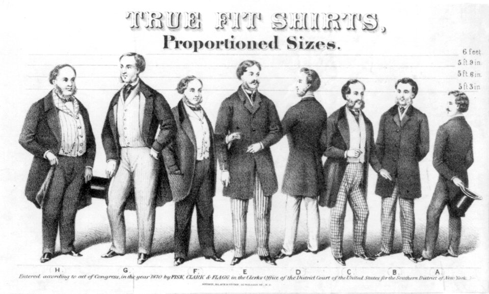 Advertisement for True Fit Shirts, Proportioned sizes, showing 8 men in fashionable dress LCCN2006687174