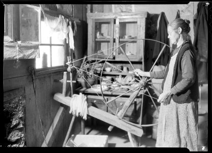 Another view of Mrs. James Watson at her spinning wheel in her mountain cabin near Gatlinburg, Tennessee. - NARA - 532768