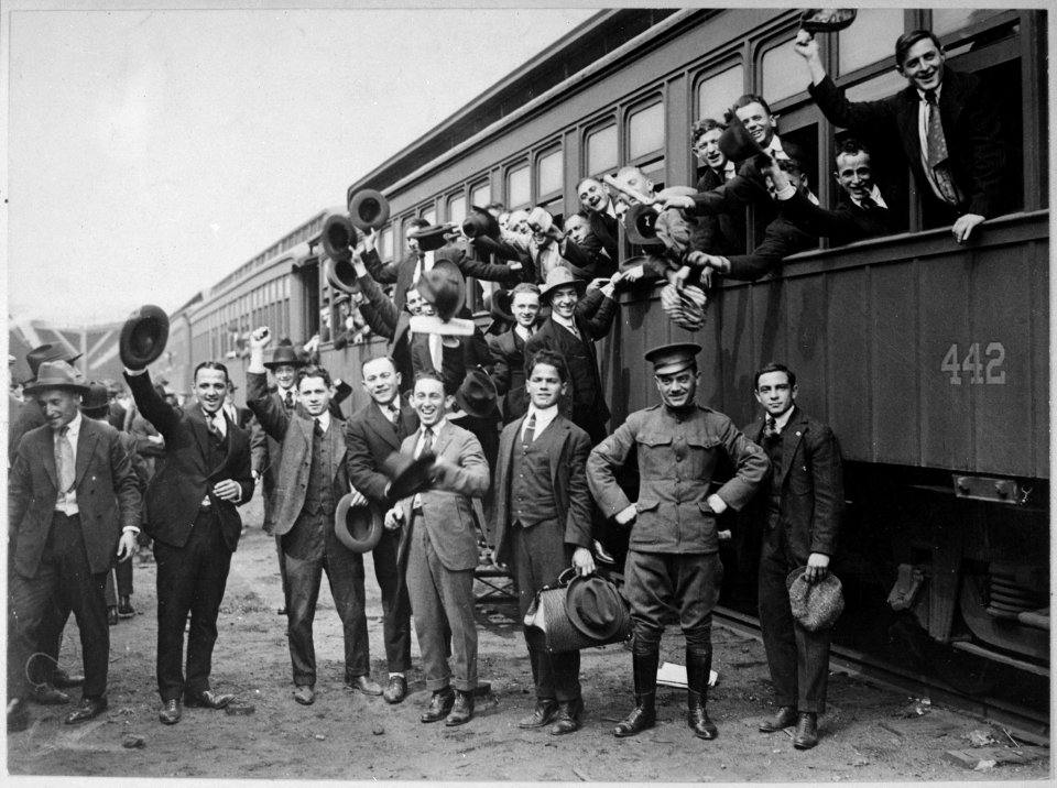 Are We Downhearted. You don't have to hear their answer to know these men on their way to Camp Upton are not.... - NARA - 533732