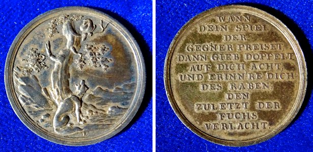 18th Century, German Whist Game Silver Token showing the Fable The Fox and the Crow (Aesop)