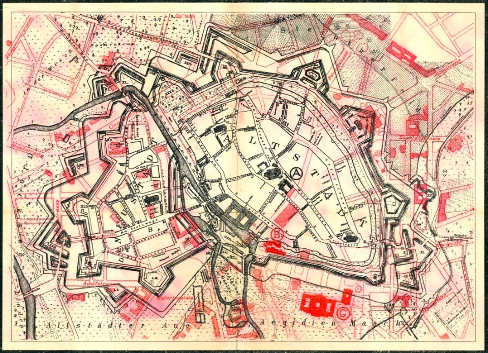 1900 circa Stadtplan Hannover Befestigung um 1300 und um 1650, Straßenverlauf um 1900, evtl. Karl Friedrich Leonhardt, Ausschnitt