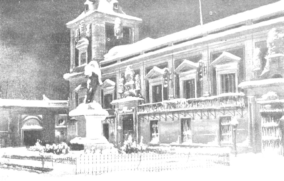 1904-12-08, Nuevo Mundo, La nevada del 2 del actual, Campúa (cropped) Aspecto de la plaza de la Villa en la noche del día 2 de Diciembre