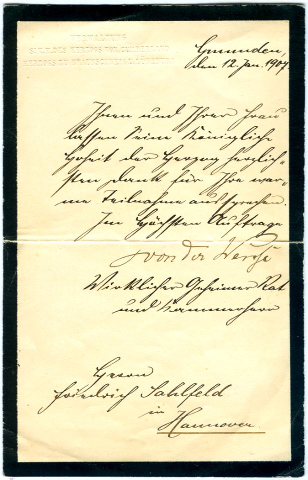 1907-01-12 Gmunden Danksagung Georg Karl Gebhard Freiherr von der Wense i.A. Herzog Cumberland an Friedrich Sahlfeld in Hannover, S. 2
