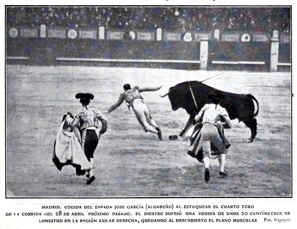 1907-05-04, Blanco y Negro, Madrid, Cogida del espada José García (Algabeño), Irigoyen