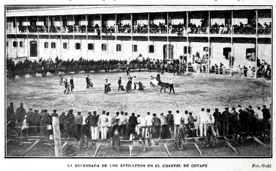 1907-12-07, Blanco y Negro, La becerrada de los artilleros en el cuartel de Getafe, Goñi