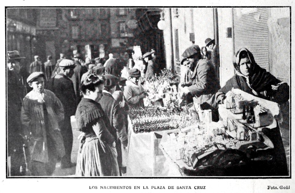 1907-12-28, Blanco y Negro, El comercio callejero en las Pascuas, Goñi (cropped) Los nacimientos en la plaza de Santa Cruz