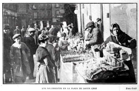1907-12-28, Blanco y Negro, El comercio callejero en las Pascuas, Goñi (cropped) Los nacimientos en la plaza de Santa Cruz photo