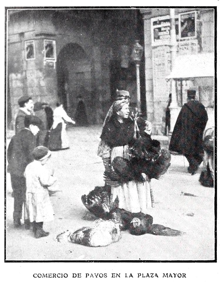 1907-12-28, Blanco y Negro, El comercio callejero en las Pascuas, Goñi (cropped) Comercio de pavos en la Plaza Mayor