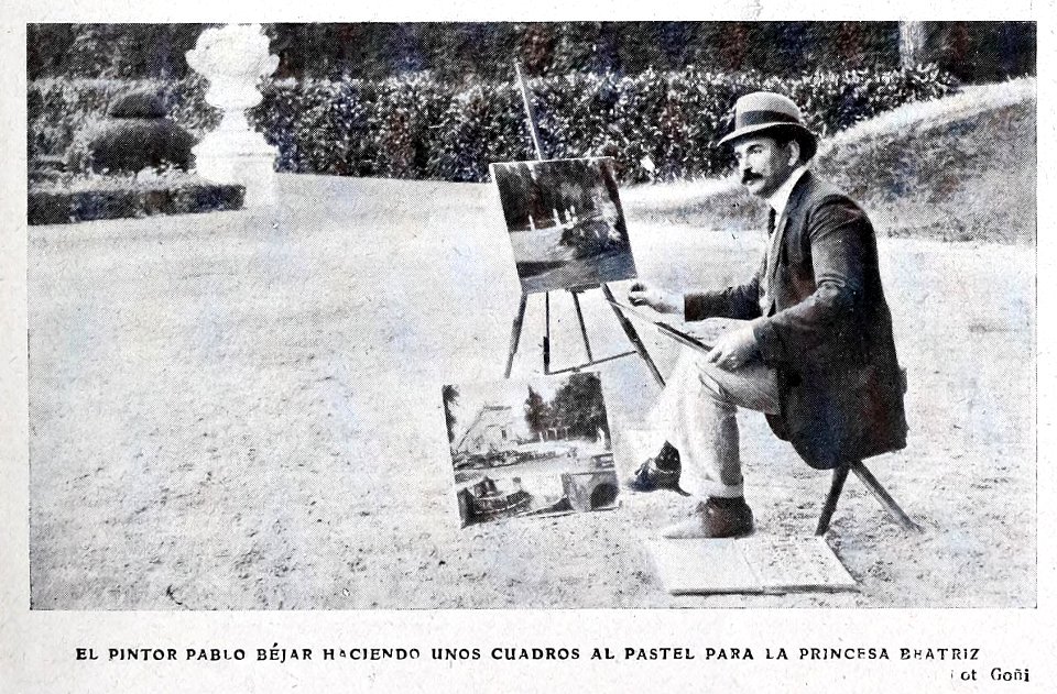 1908-07-25, Blanco y Negro, El pintor Pablo Béjar haciendo unos cuadros al pastel para la princesa Beatriz, Goñi