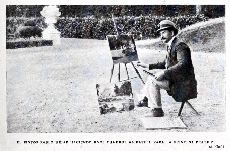 1908-07-25, Blanco y Negro, El pintor Pablo Béjar haciendo unos cuadros al pastel para la princesa Beatriz, Goñi