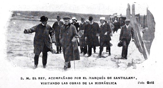 1908-06-27, Blanco y Negro, El rey, acompañado por el marqués de Santillana, visitando las obras de la Hidráulica
