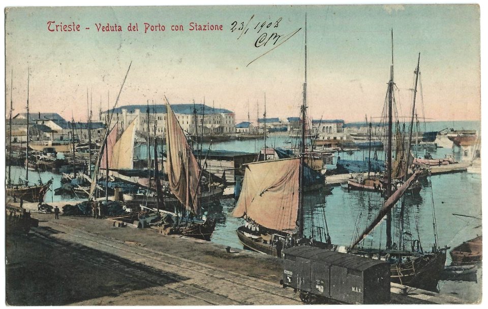 19080123 trieste veduta del porto con stazione