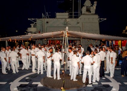 190819-N-UB406-0413NORFOLK, Va. (Aug. 19, 2019) A reception is held on the flight deck of the Portuguese navy frigate NRP Dom Francisco de Almeida (F334) (48616802991)