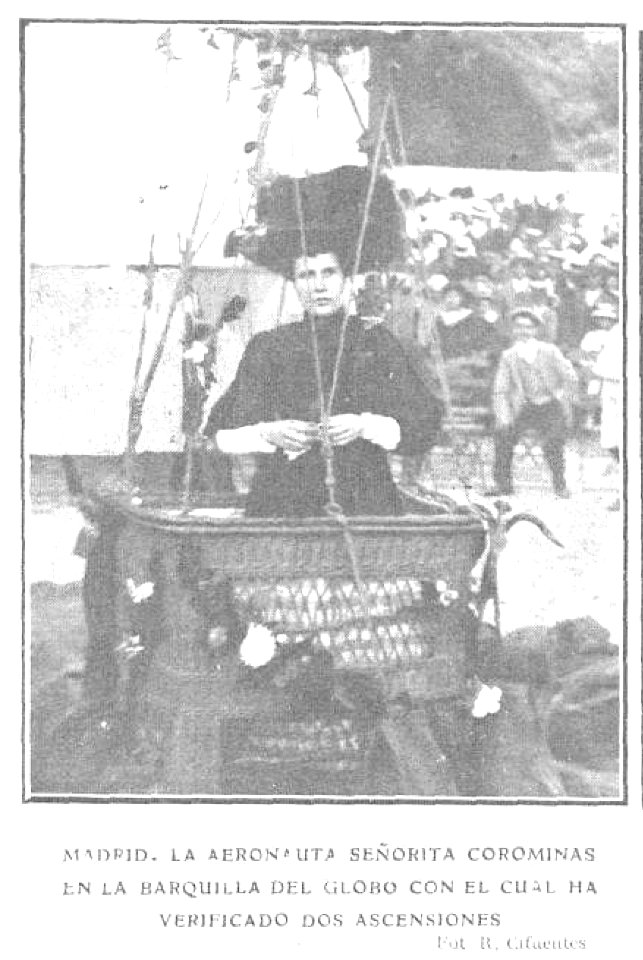 1909-06-30, Actualidades, Varias notas de actualidad, Madrid, La aeronauta señorita Corominas en la barquilla del globo con el cual ha verificado dos ascensiones, Cifuentes