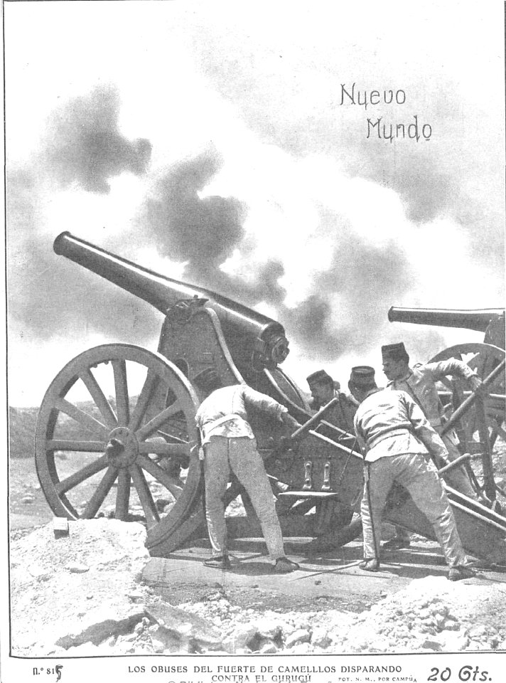 1909-08-19, Nuevo Mundo, Los obuses del fuerte de Camellos disparando contra el Gurugú, Campúa