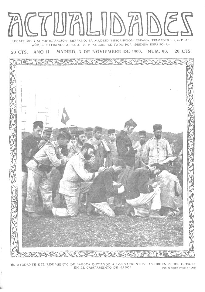 1909-11-03, Actualidades, El ayudante del regimiento de Saboya dictando a los sargentos las órdenes del cuerpo en el campamento de Nador, Alba
