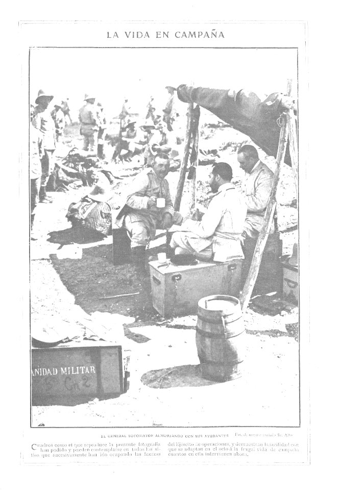 1909-10-13, Actualidades, La vida en campaña, El general Sotomayor almorzando con sus ayudantes, Alba photo