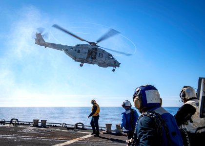 190909-N-UB406-0107 An NH90 helicopter from the Royal Netherlands navy frigate HNLMS Van Speijk (F 828) takes off from the flight deck of the guided-missile destroyer USS Gridley (DDG 101)