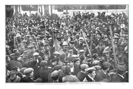 1910-01-27, Actualidades, El público rodeando a la bandera y a la cantinera (x) del batallón de cazadores de Barbastro al paso de las tropas por la calle de Alcalá, Goñi