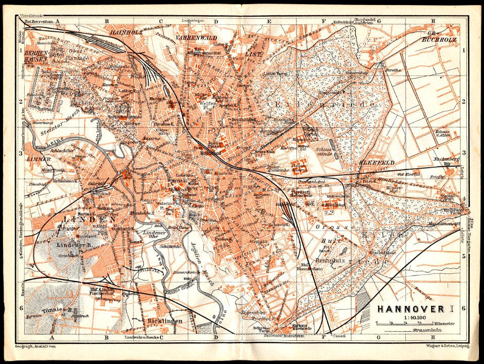 1911 circa Stadtplan Hannover, Geographische Anstalt von Wagner & Debes, Leipzig, 01 mit Straßenbahn und Feldbahnen