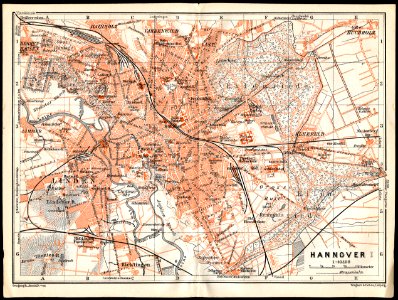 1911 circa Stadtplan Hannover, Geographische Anstalt von Wagner & Debes, Leipzig, 01 mit Straßenbahn und Feldbahnen