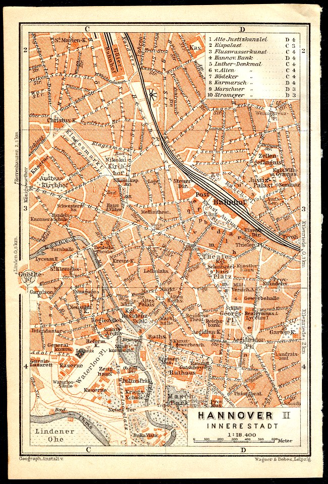 1911 circa Stadtplan Hannover, Geographische Anstalt von Wagner & Debes, Leipzig, 02 Innere Stadt